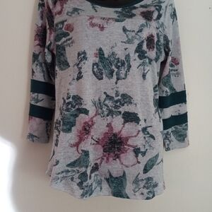 Maurices Gray Floral Tunic with Green and Dusty Rose Accents